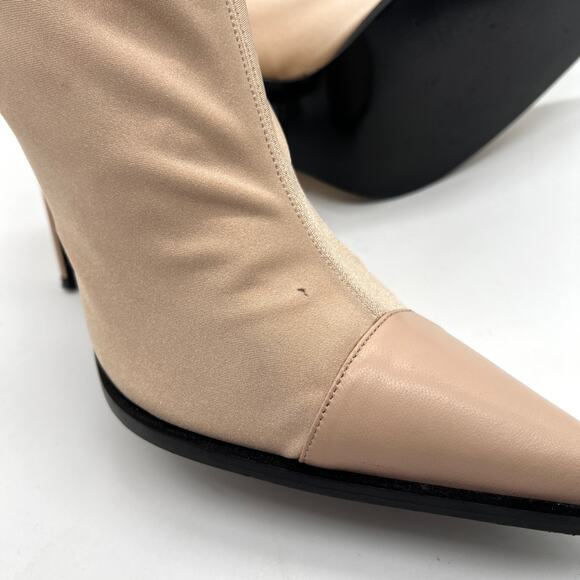 AMIRI Sock Bootie Stiletto Heel Womens 10.5 Tan Neoprene Pointed Leather Cap Toe - Picture 11 of 16